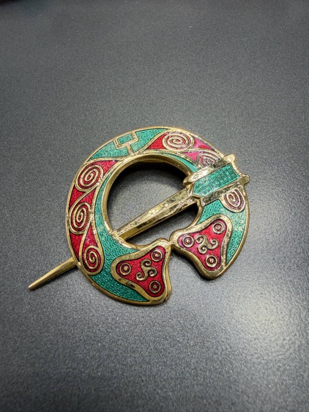 Vintage signed Celtic Enamel Shawl Pin in Teal and Red